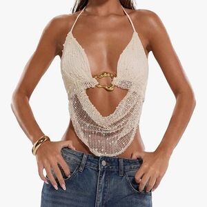 Beige Knit Halter Chain-Detail Crop Top